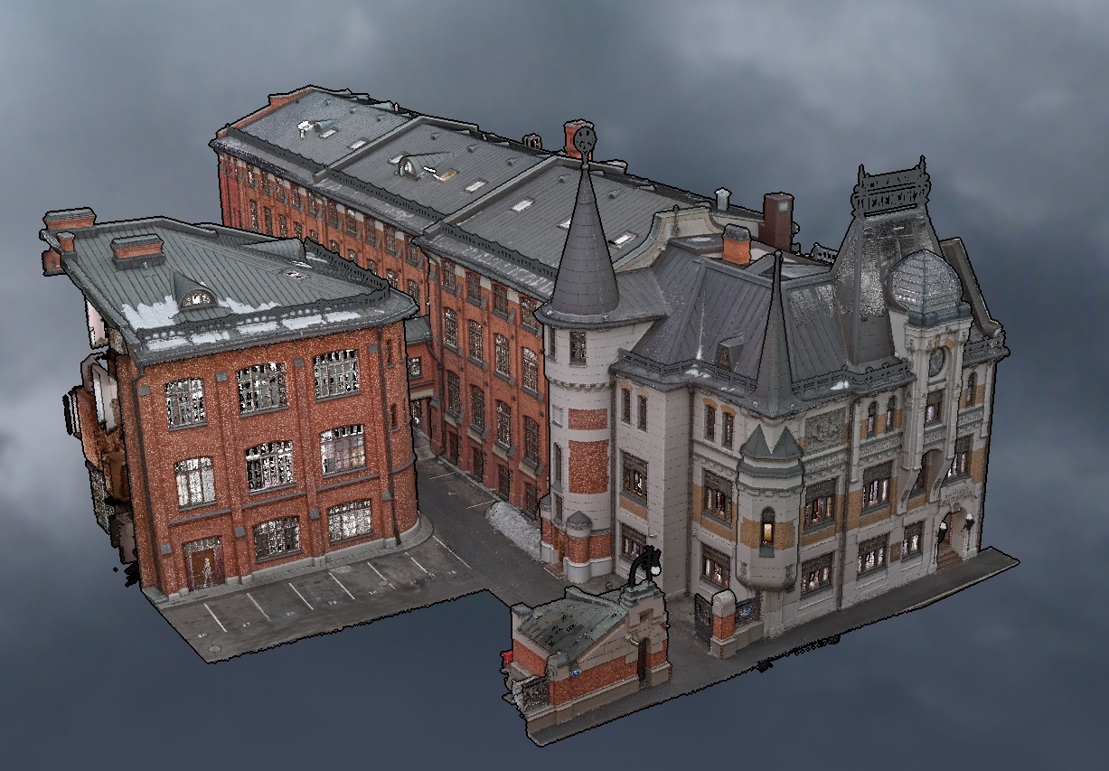 3D-модель здания скоропечатни А. А. Левенсона с фасадами из красного кирпича и конической башней в изометрии