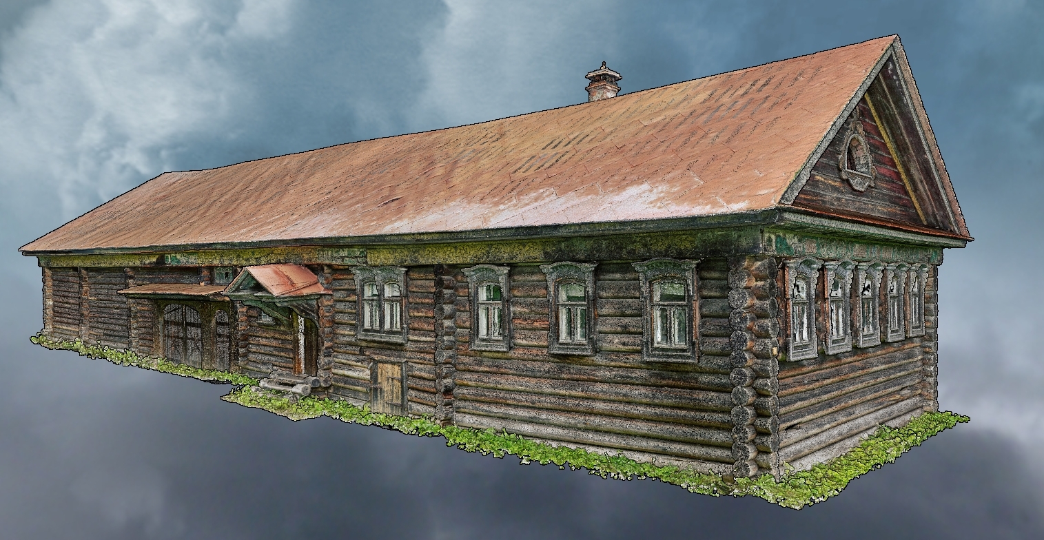 3D-модель деревянного дома Серова с детальной текстурой фасада и крыши в ракурсе три четверти