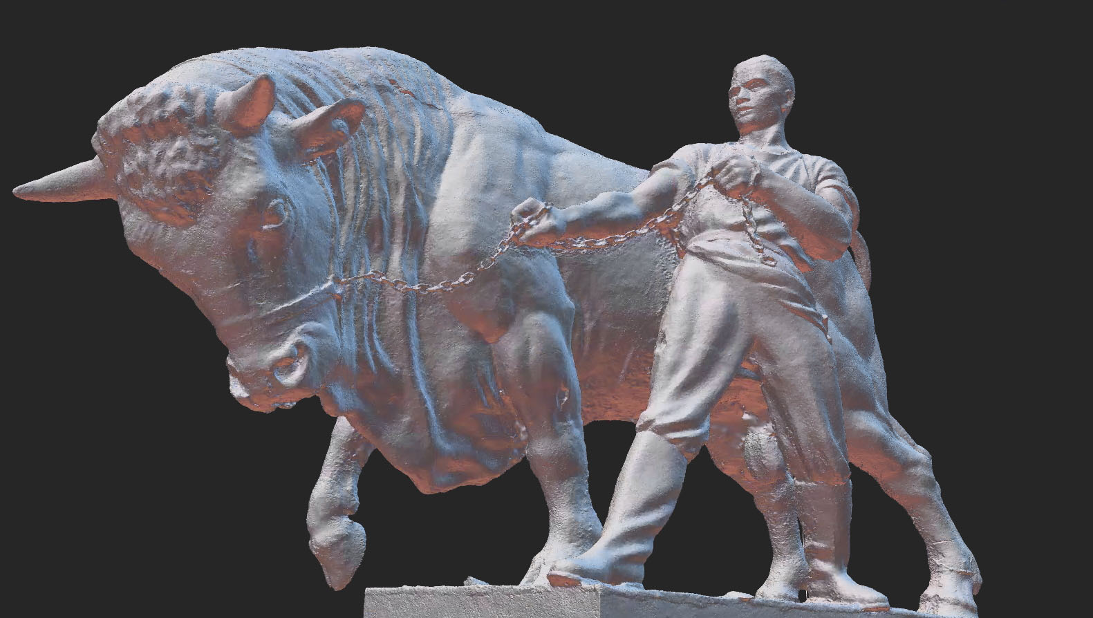 3D-модель скульптурной группы с быком и человеком из павильона «Мясная промышленность» на темном фоне