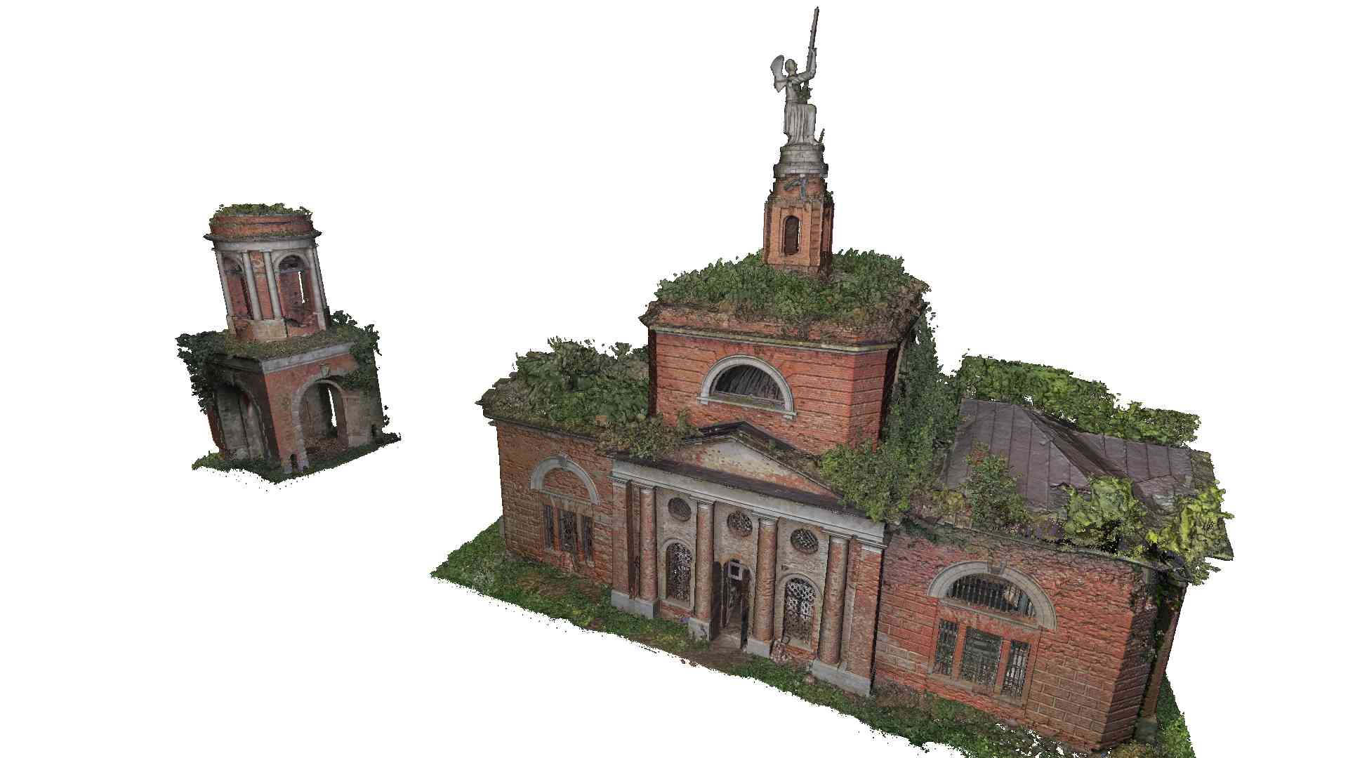 3D-модель церкви Спаса Нерукотворного Образа и отдельно стоящей колокольни в изометрии на белом фоне