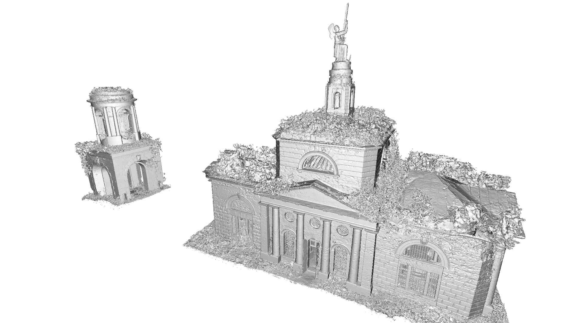 3D-модель церкви Спаса Нерукотворного Образа и колокольни в изометрии на белом фоне