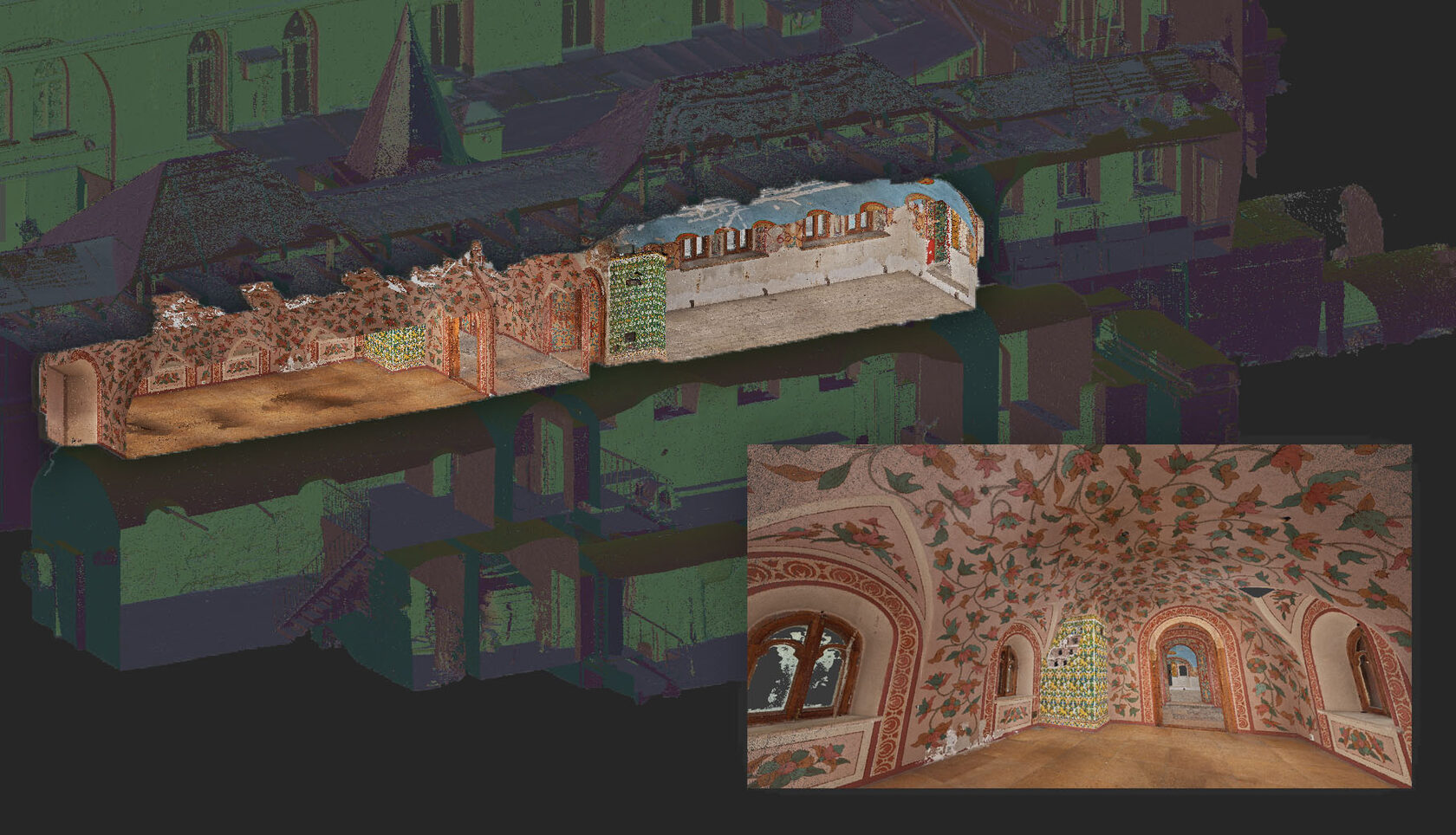 3D-модель интерьера Московского печатного двора с детализацией росписей стен и сводов в разрезе