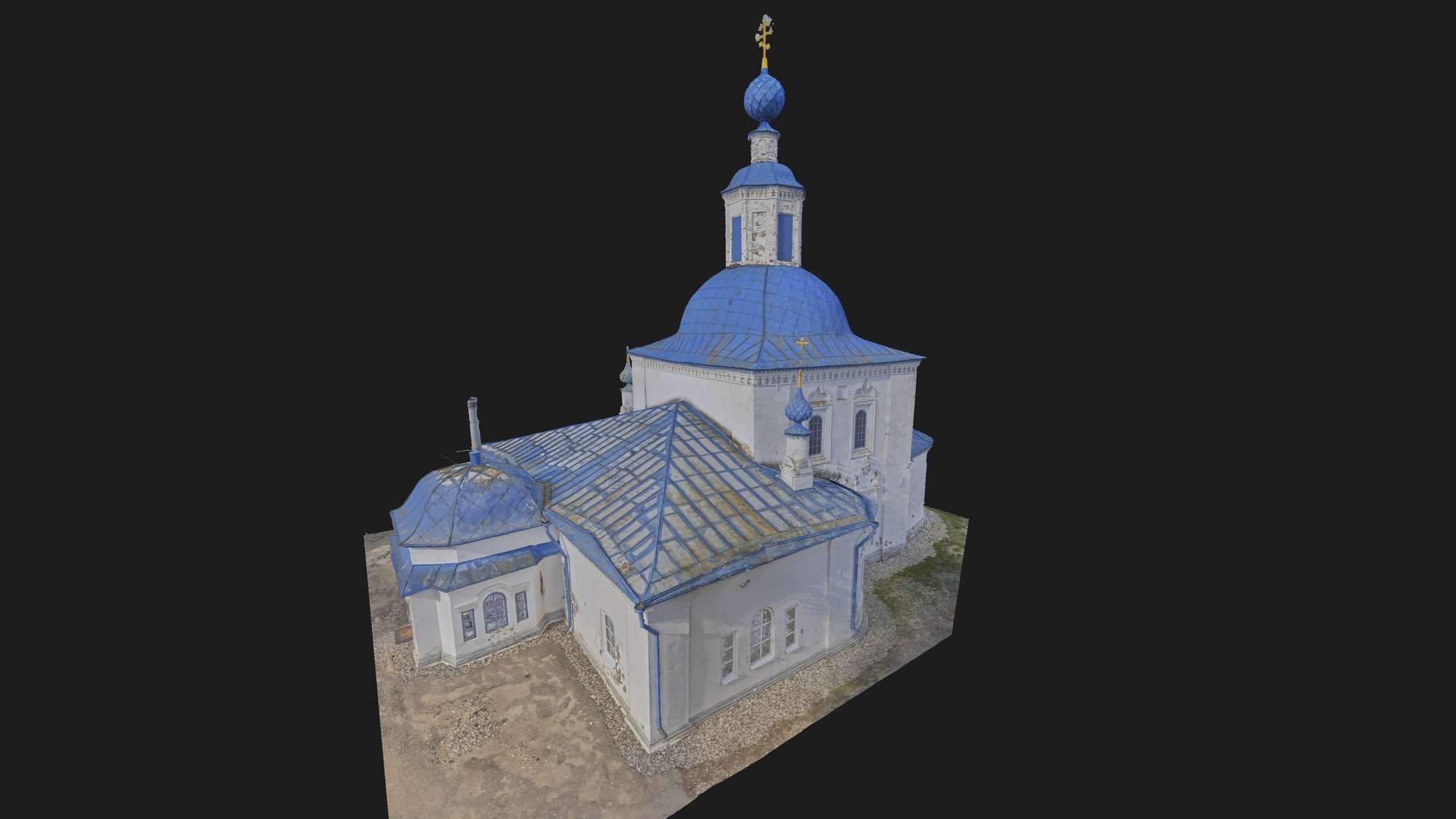 3D-модель церкви Космы и Дамиана в Галиче с синими куполами на черном фоне