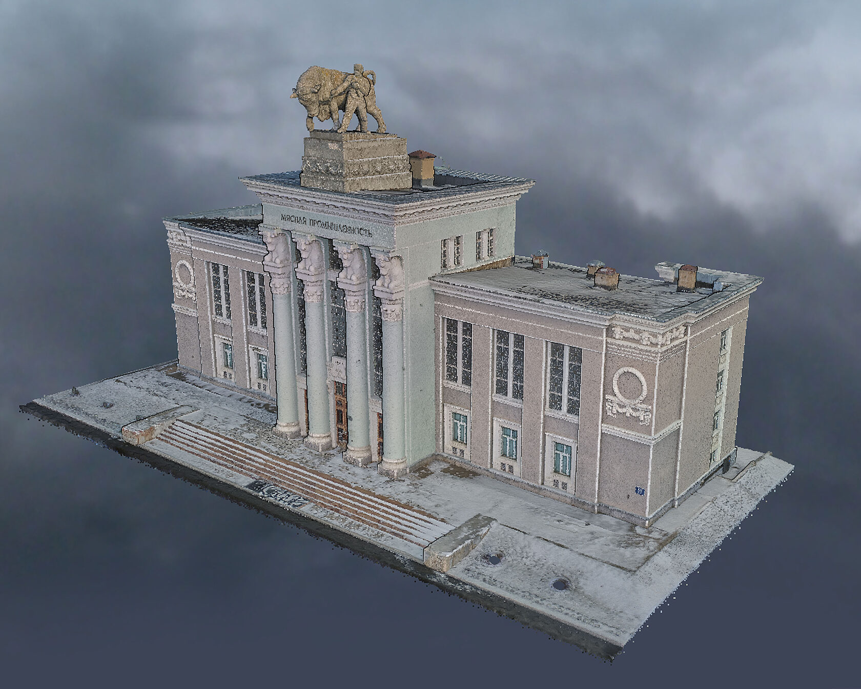 3D-модель павильона «Мясная промышленность» с фасадом, колоннами и скульптурной группой на крыше в изометрии