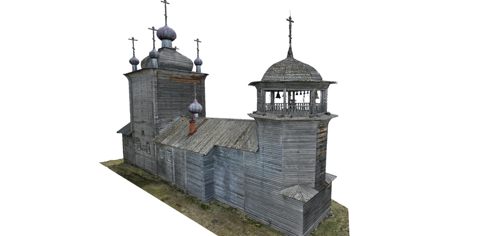 3D-модель церкви Илии Пророка в Колгострове: вид фасада и колокольни в изометрии на белом фоне
