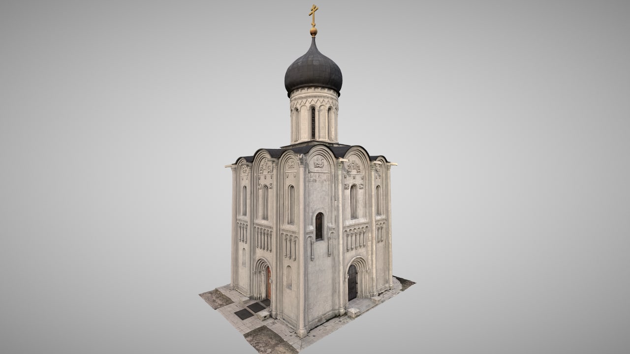 3D-модель храма Покрова на Нерли в изометрическом ракурсе на сером фоне