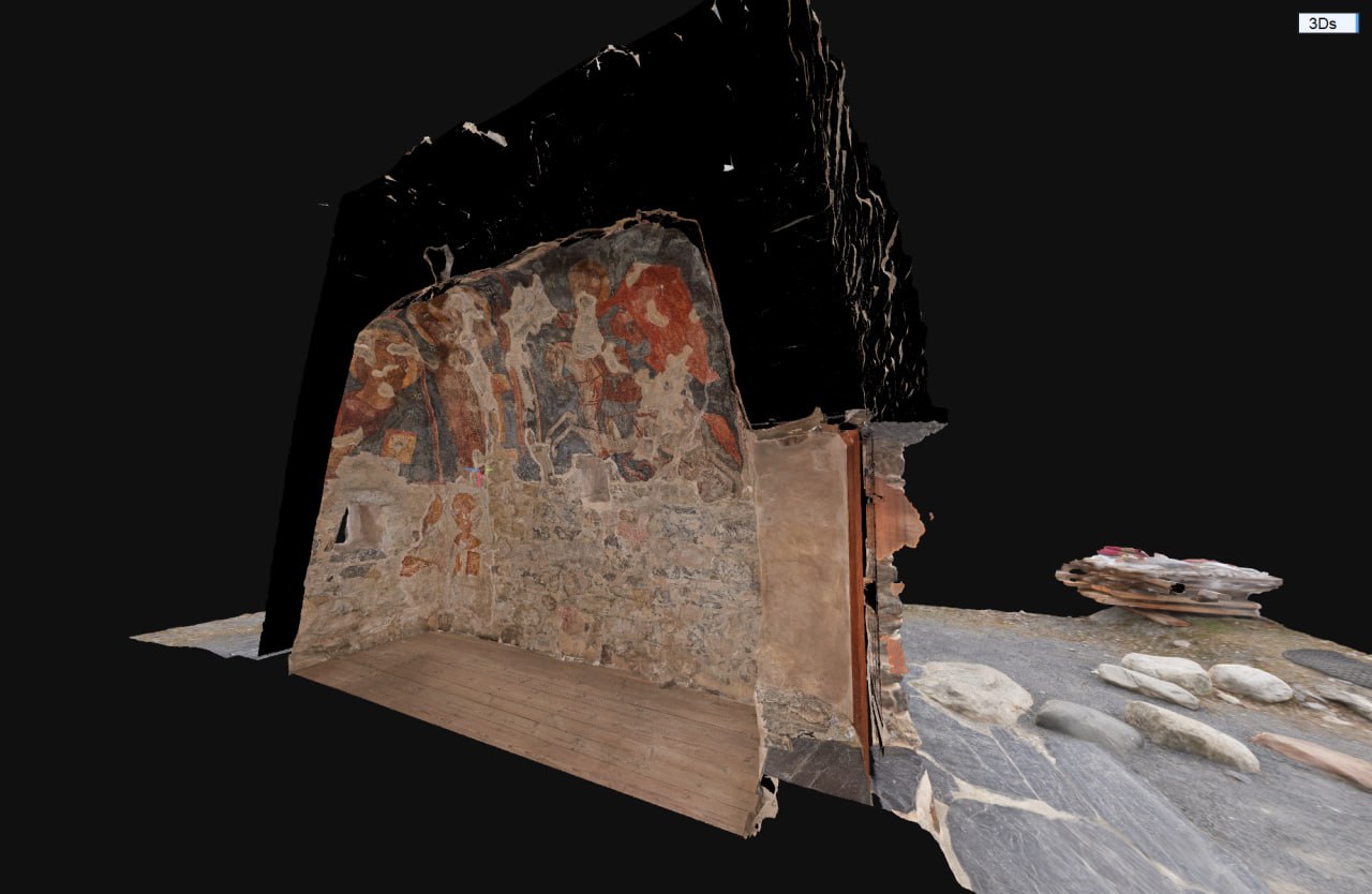 3D-модель интерьера Нузальской часовни с фрагментами настенных росписей на фоне черного пространства